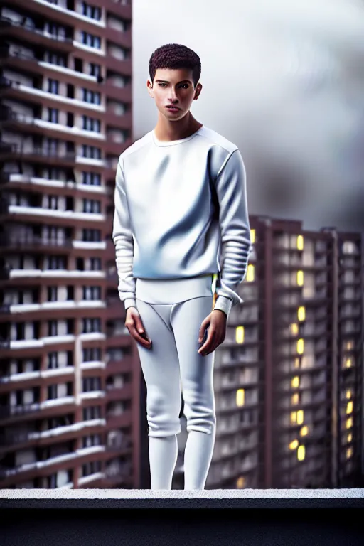 Image similar to un ultra high definition studio quality photographic art portrait of a young man standing on the rooftop of a british apartment building wearing soft padded silver pearlescent clothing. three point light. extremely detailed. golden ratio, ray tracing, volumetric light, shallow depth of field. set dressed.