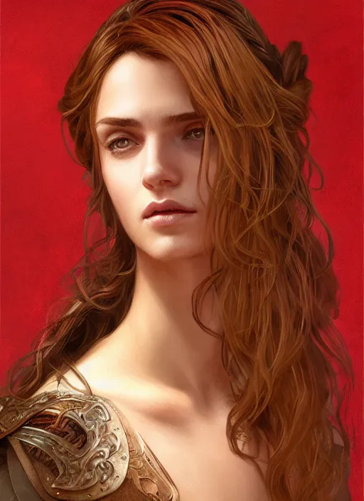 Image similar to vertical portrait of a ruggedly handsome female cleric, soft hair, close - up face, leather, witchy, d & d, fantasy, intricate, elegant, highly detailed, digital painting, artstation, concept art, smooth, sharp focus, illustration, art by artgerm and greg rutkowski and alphonse mucha, plain red background