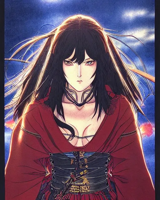 Image similar to A beautiful warrior mage woman || VERY VERY ANIME!!!, fine-face, realistic shaded perfect face, fine details. Anime. realistic shaded lighting poster by katsuhiro otomo, ghost-in-the-shell, ayami kojima