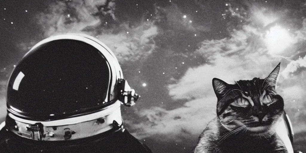 Prompt: vintage analog photograph of a cat in a space helmet during the first moon landing, with gigantic clouds visible in the sky, heavy film grain, neon lights, rain red color bleed, rich azure tones