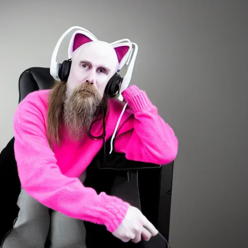 Image similar to professional portrait of Varg Vikernes wearing a pair of pink cat ear headphones and a white sweater sitting in a gaming chair, 8k, dslr,