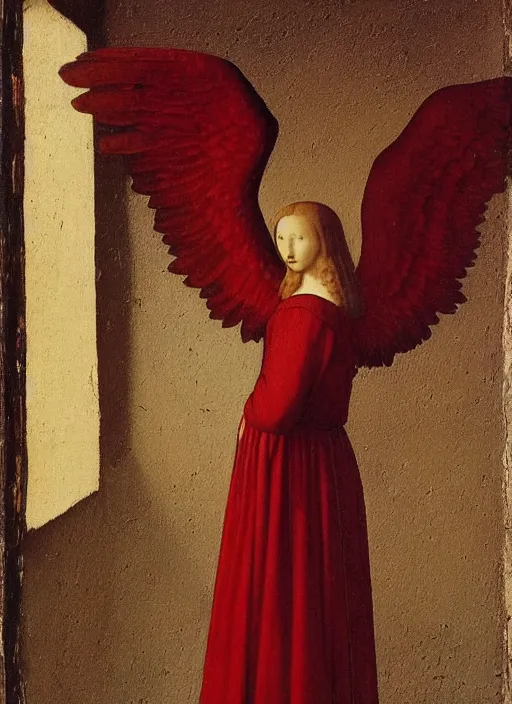 Image similar to Profile of Fallen Angel dressed in red, Medieval painting by Jan van Eyck, Johannes Vermeer, Florence