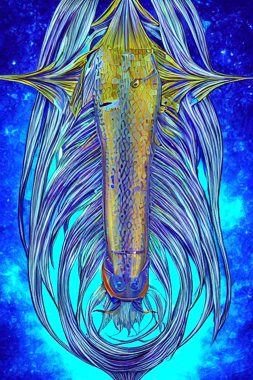 Image similar to iridescent amber fish, symmetrical, highly detailed, digital art, sharp focus, trending on art station, anime art style