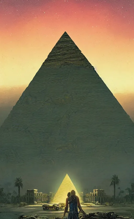 Prompt: the mummy, egypt, pyramid, bioluminance, treasure, greenery, brush strokes, heavy paint, portrait, rim light, fresh colors, gradients, highly detailed, digital illustration, concept art, smooth, sharp focus, pleasing aesthetics, josan gonzalez, michael dante dimartino, simon stalenhag, print