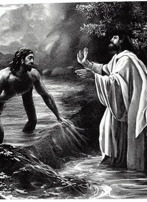 Prompt: old photo of Jesus baptizing Satan in the river