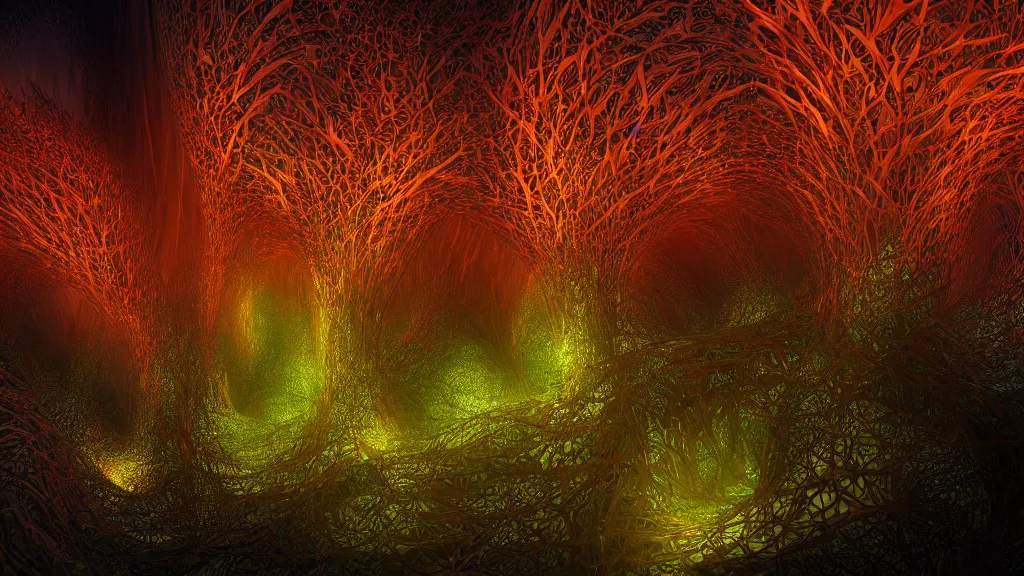 Prompt: a digital render of a glowing fractal forest by greg Mumford, Julius Horsthuis, Trending on artstation, Trending on deviantart
