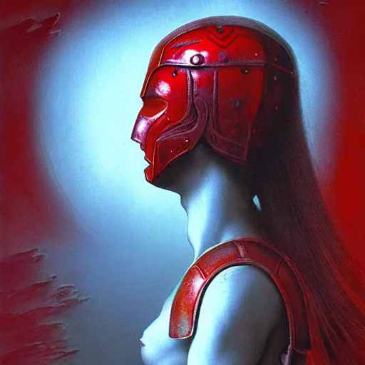 Prompt: Warrior princess with red armor in the style of Zdzislaw Beksinski