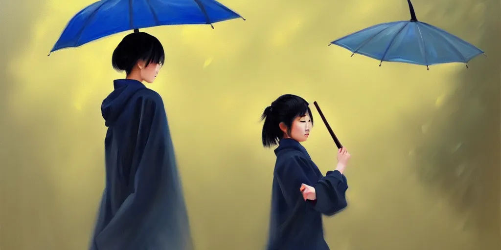 Image similar to painting of japanese girl holding an umbrella in the rain; trending on Artstation, 8k, detailed, atmospheric, immaculate