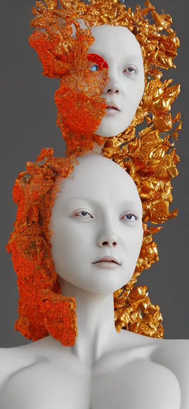 Prompt: abstract highly detailed female sculpture portrait made of white marble and red crystals quartz, ethereal lights, fine details, artstation, film still, rim light, cinematic photoshooting, luxury, 8 k, intricate golden filigree, octane render, hypperrealistic painting, abstract liquid acrylic art by akira toriyama, katsuhiro otomo, peter chung, robert valley