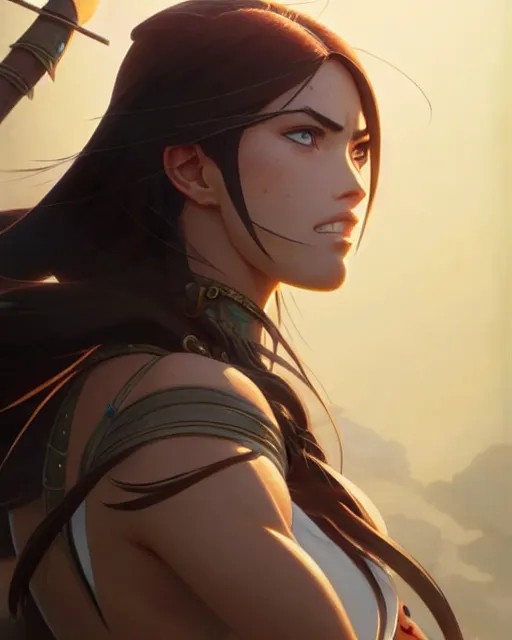 Image similar to azctec warrior, megan fox, detailed perfect face, exquisite details, fire magic, mid view, design on a white background, by studio muti, greg rutkowski makoto shinkai takashi takeuchi studio ghibli