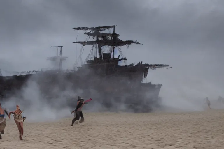 Image similar to closeup pirate couples running down beach as pirate ship fires canons, sand explosion by emmanuel lubezki