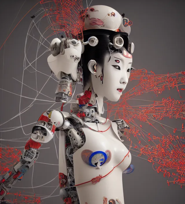 Prompt: full body portrait of a beautiful japanese robotic geisha with wires and kanji tattoos and decals, dramatic lighting, hyper - realistic, ultra - realistic, intricate details, japanese model, 8 k ultra high definition, octane render