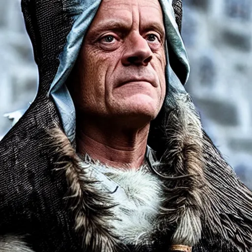 Image similar to donald tusk in medieval times look like merlin high details cinematic mood