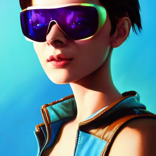 Prompt: very detailed masterpiece closeup painting of a very beautiful young mexican cyberpunk woman with light blue shutter shades, one side haircut, brown hair with light blue ends, purple leather jacket, beauty mark on cheek, portrait, synthwave background, artstation, concept art by greg rutkowski