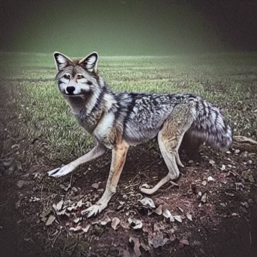 Prompt: “ skinwalkers shapeshifting into coyotes in graveyard cemetery, hyperrealistic ”