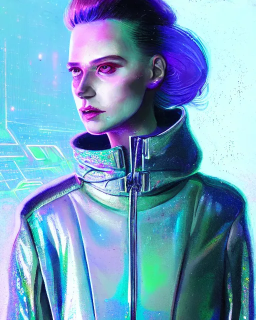 Image similar to detailed portrait of European Pretty Young Girl Sheen Holographic Jacket coat, Futuristic sci-fi fashion, royal attire cyberpunk, neotokyo, synthwave, aesthetics, futuristic, low-emission-neon, bladerunner movie scene by ismail inceoglu dragan bibin hans thoma greg rutkowski Alexandros Pyromallis Nekro Rene Margitte illustrated Perfect face, fine details, realistic shaded, fine-face, pretty face sharp chine