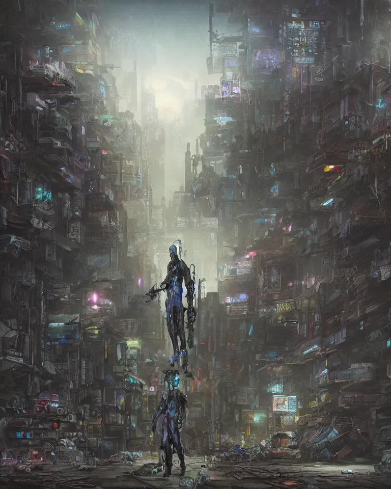 Image similar to a matte painting of a cybernetic junkyard ghost, cyberpunk, shadowrun, in the style of brom