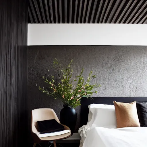 Image similar to bedroom, stone, interior design, stylish luxury hotel bedroom design, yakisugi, black vertical slatted timber, textures, feminine, black walls, art, Japanese pottery vase with flowers, kakejiku, seasonal, Japanese influences