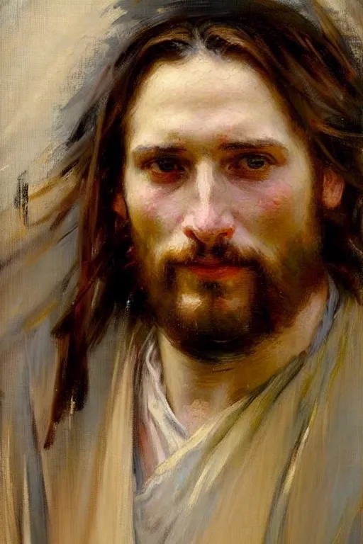 Image similar to impressionist brushstrokes!!!!!!!!! solomon joseph solomon and richard schmid and jeremy lipking victorian loose genre loose painting full length portrait painting of jesus with a slight smile happy inviting