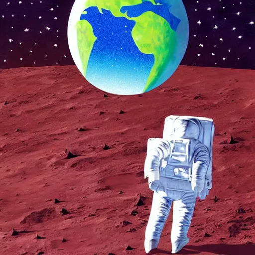 Image similar to astronauts walking on the moon with earth on the background, painting style of samdoesarts