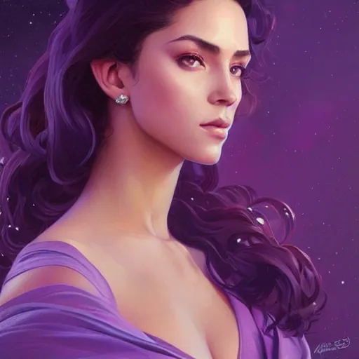 Image similar to Portrait of very very very very very very beautiful Latina woman, spacesuit, purple eyes, intricate, elegant, highly detailed, digital painting, artstation, concept art, smooth, sharp focus, illustration, art by artgerm and greg rutkowski and alphonse mucha