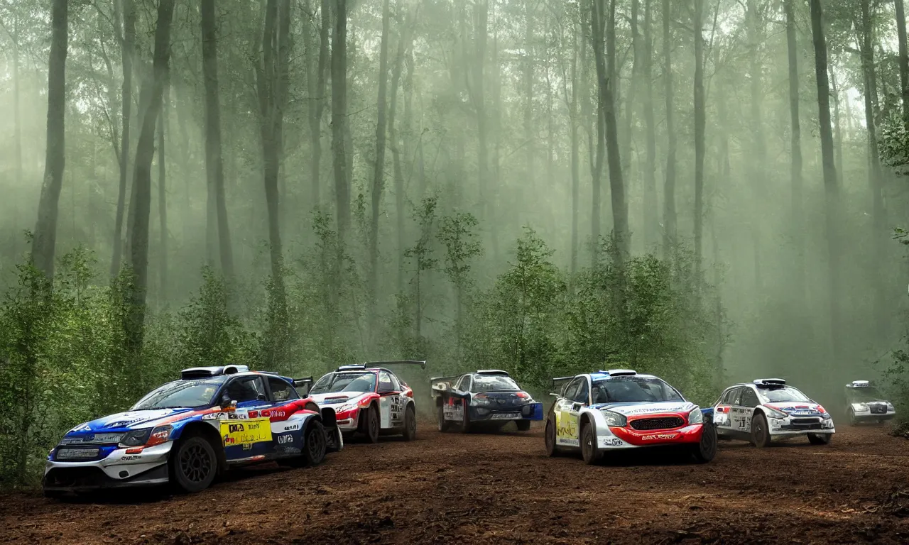 Prompt: 3 rally cars racing through a forest misty , sun shining through the trees, motion blur high detail ultra realistic 8k,