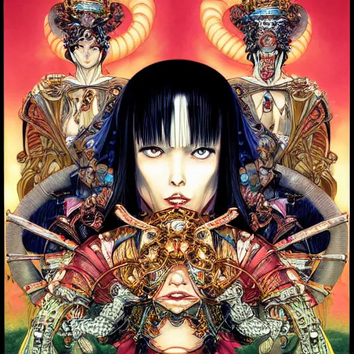 Image similar to portrait of crazy cleopatra, symmetrical, by yoichi hatakenaka, masamune shirow, josan gonzales and dan mumford, ayami kojima, takato yamamoto, barclay shaw, karol bak, yukito kishiro