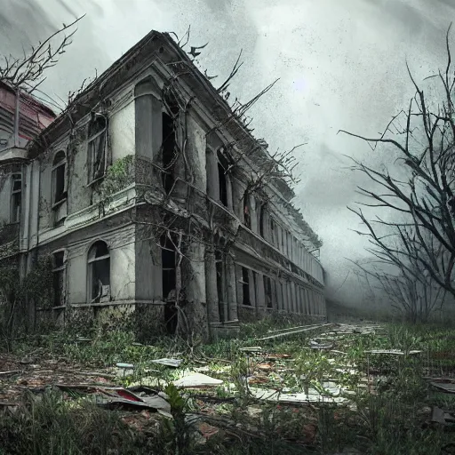 Image similar to abandoned high school overtaken by plants and nature and rot, artstation, high quality, detailed, eerie atmosphere