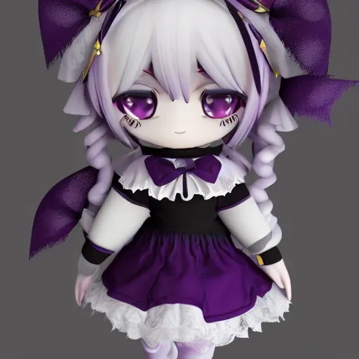 Prompt: cute fumo plush of a gothic maiden in a dark purple uniform with gold highlights, laces and ribbons, soft shadow, anime girl, vray, symmetry, white frame