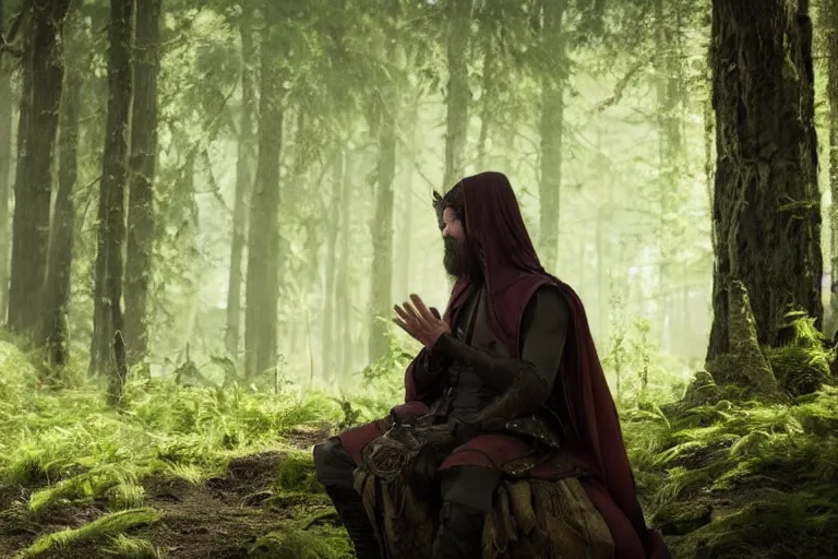 Image similar to still from a fantasy movie, a warlock discussing with another man, forest in the background, muted colors, 8 k, cinematic, very detailed face, hyperrealistic, movie still frame, promotional image, imax 7 0 mm footage