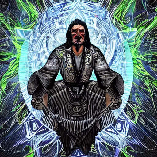 Prompt: The shaman attorney is a man who's been through the trials of life. His diabolical ways have led him to become one of the most powerful men in the world. He envisions himself as something like a god, and no matter what he does or says, people will follow his every order without question.