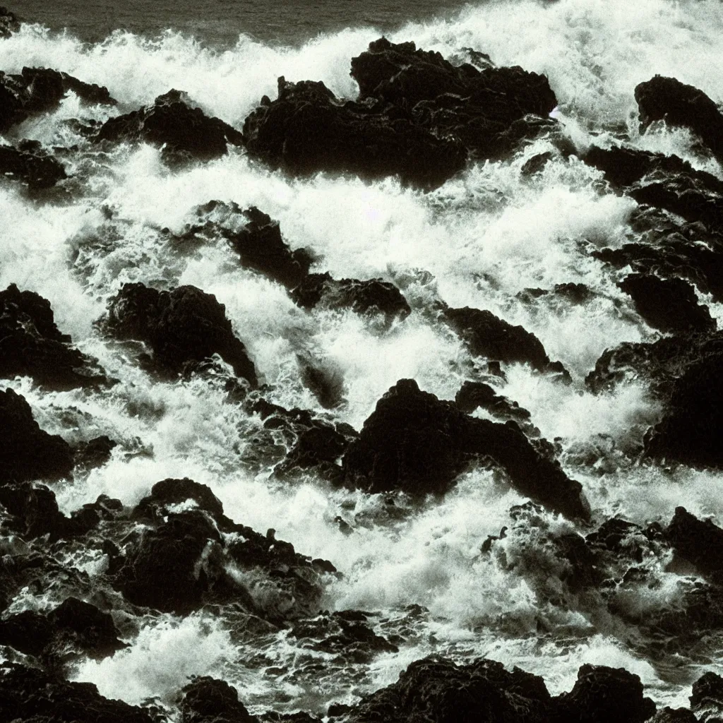 Image similar to dark and moody 1 9 7 0's artistic spaghetti western film in color, a large huge group of women in a giant billowing wide long flowing waving white dresses, standing inside a green mossy irish rocky scenic landscape, crashing waves and sea foam, volumetric lighting, backlit, moody, atmospheric, fog, extremely windy, soft focus