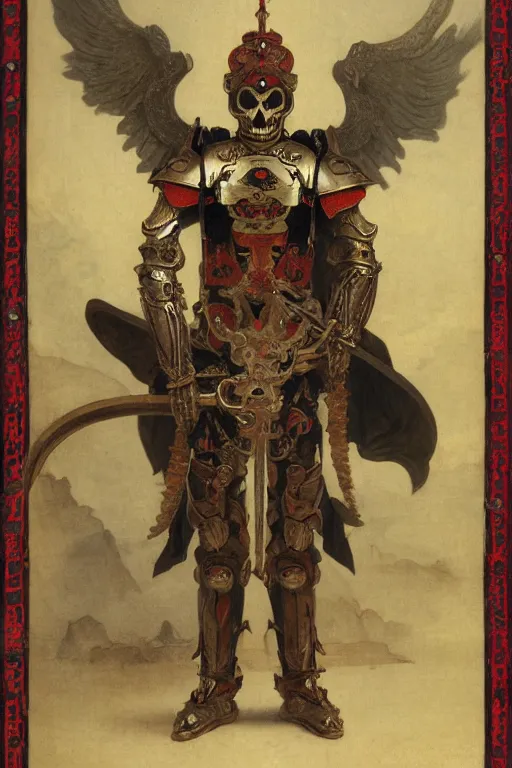 Image similar to portrait of a skeleton with chinese dragon in armor and helmet, majestic, solemn, big sword, wearing helmets and armor with wings, symmetrical, solemn, sacred, aura, by bouguereau