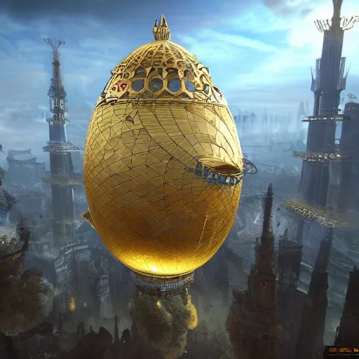 Prompt: enormous flying city faberge egg, sky, steampunk, fantasy art, unreal engine,