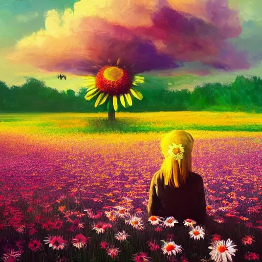 Image similar to giant daisy flower as head, girl sitting in a flower field, surreal photography, sunrise, dramatic light, impressionist painting, colorful clouds, digital painting, artstation, simon stalenhag