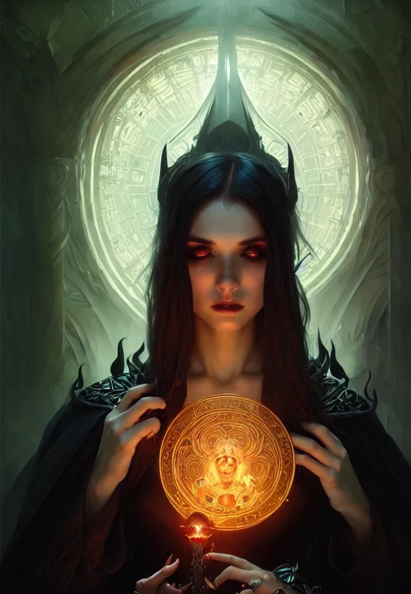 Image similar to Necromancer Sorceress in center, fantasy magic, undercut hairstyle, dark light night, intricate, elegant, sharp focus, illustration, highly detailed, digital painting, concept art, matte, art by WLOP and Artgerm and Greg Rutkowski and Alphonse Mucha, masterpiece