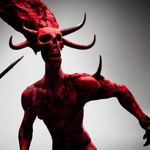 Image similar to god of death, dramatic pose, blood splatters, horns, red, 8 k, hyperrealistic, octane render, dramatic