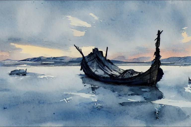 Prompt: small centered on watercolor paper, paint brush strokes, abstract watercolor painting of ancient viking wreck in frozen lake, daylight, blue sky, cinematic light, national romanticism by hans dahl, by jesper ejsing, by anders zorn, by greg rutkowski, by greg manchess, by tyler edlin