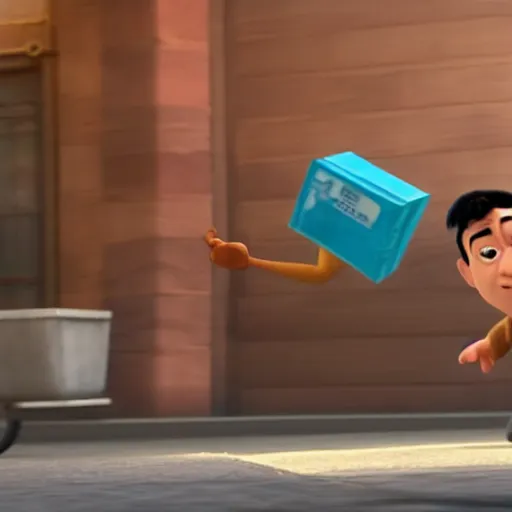 Prompt: thief escaping a robbery with a bag of money. pixar style