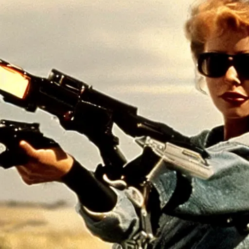 Prompt: A film still of a female Terminator holding a gun and riding a motorcycle