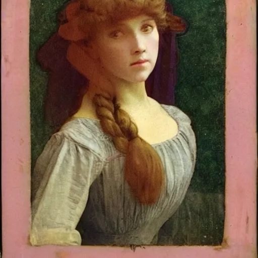 Prompt: portrait of a beautiful young lady with silver eyes, colored daguerreotype by pontormo, by bosch, by mucha, by Mackintosh, art noveau, liminal, Bright pastel colors