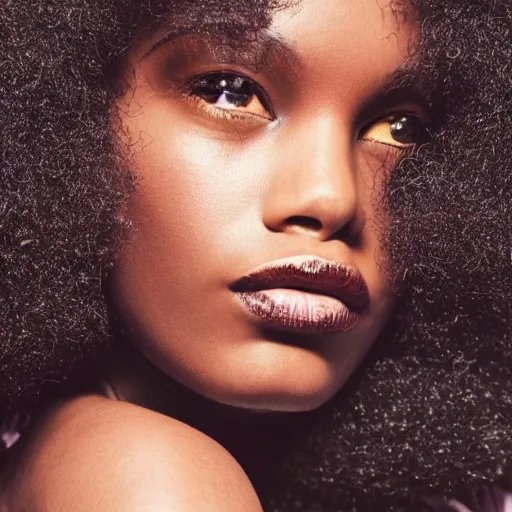 Prompt: close up of face of a black fashion model with large afro, editorial of vogue magazine, highly detailed