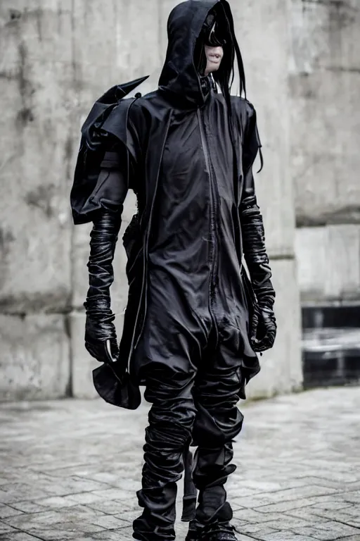 Image similar to goth techwear look and clothes, we can see them from feet to head, highly detailed and intricate, hypermaximalist, futuristic, luxury, Rick Owens, Errolson Hugh, Yohji Yamamoto, Y3, ACRNYM, cinematic outfit photo