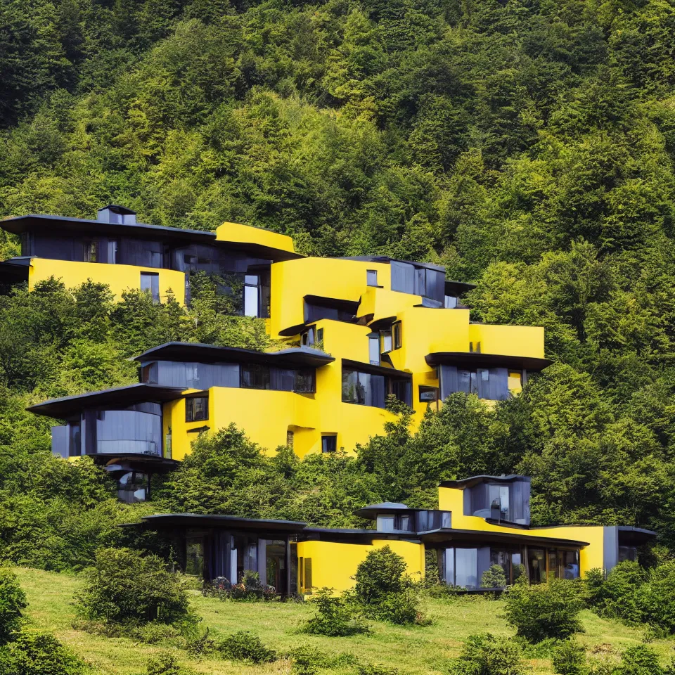 Image similar to a flat horizontal house in the black forest, designed by Frank Gehry. Big tiles. Small wooden pathway . Film grain, cinematic, yellow hue