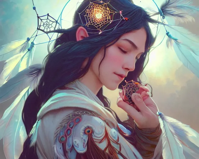 Image similar to dream catcher catching a dream, deep focus, d & d, fantasy, intricate, elegant, highly detailed, digital painting, artstation, concept art, matte, sharp focus, illustration, hearthstone, art by artgerm and greg rutkowski and alphonse mucha