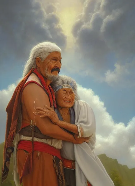 Image similar to portrait of an indigenous grandfather and grandmother in the clouds, smiling, protection, benevolence, ancestors, art by christophe vacher