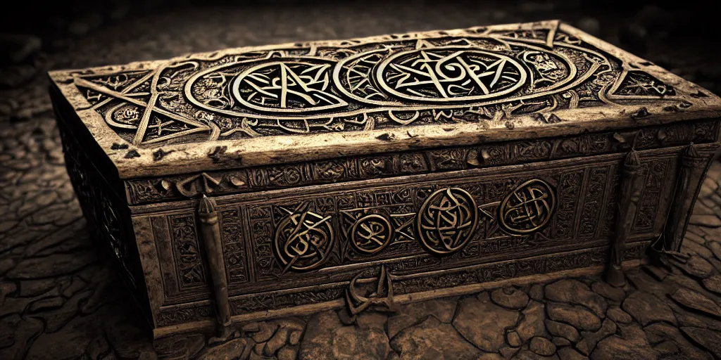 Prompt: an ancient ornate intricate old spell satanic coffin with the sigil symbol of evil emblazoned on the cover, in a unknown cave, cinematic, realistic, intricate detail, finely detailed, small details, extra detail, photorealistic, high resolution, 3 d, pbr, path tracing, volumetric lighting, octane render, arnold render, 8 k