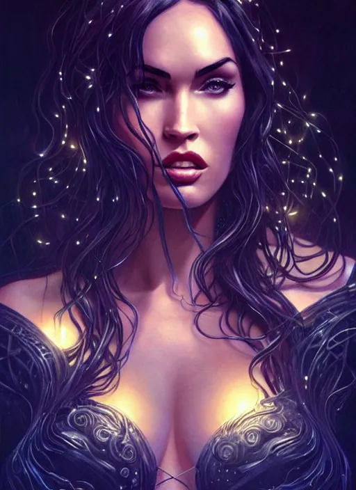 Image similar to megan fox captured by lovecraftian tentacles, intricate, elegant, glowing lights, highly detailed, digital painting, artstation, glamor pose, concept art, smooth, sharp focus, illustration, art by artgerm and greg rutkowski, artey freytag