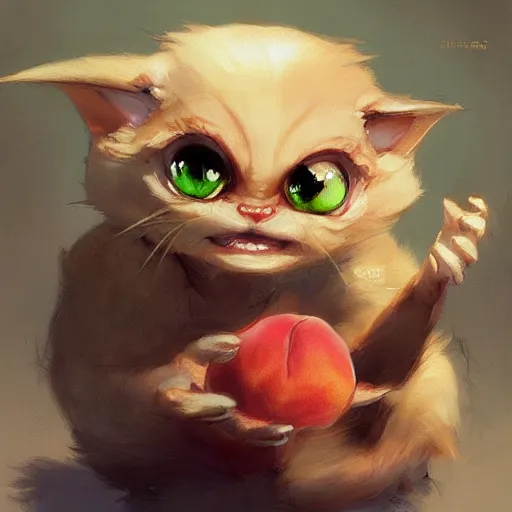 Prompt: An adorable gremlin cat stealing a peach, by Stanley Artgerm Lau, WLOP, Rossdraws, James Jean, Andrei Riabovitchev, Marc Simonetti, and Greg Rutkowski, trending on artstation