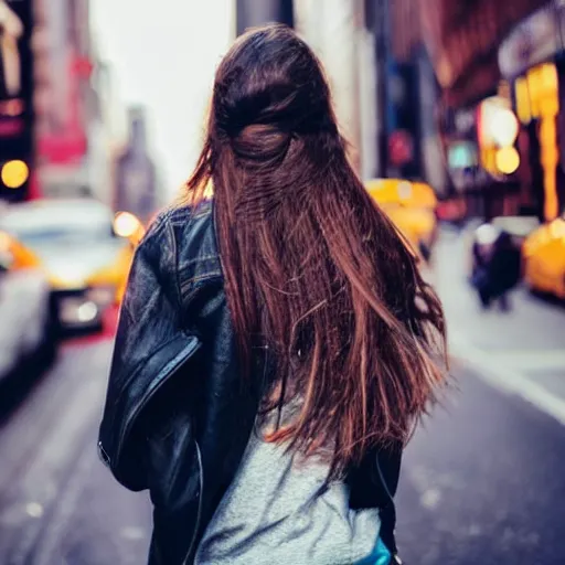 Prompt: a brunette girl, in her twenties, very long hair, dressed casually, walking from behind in the streets of new york, city lights, smoke, cinematic